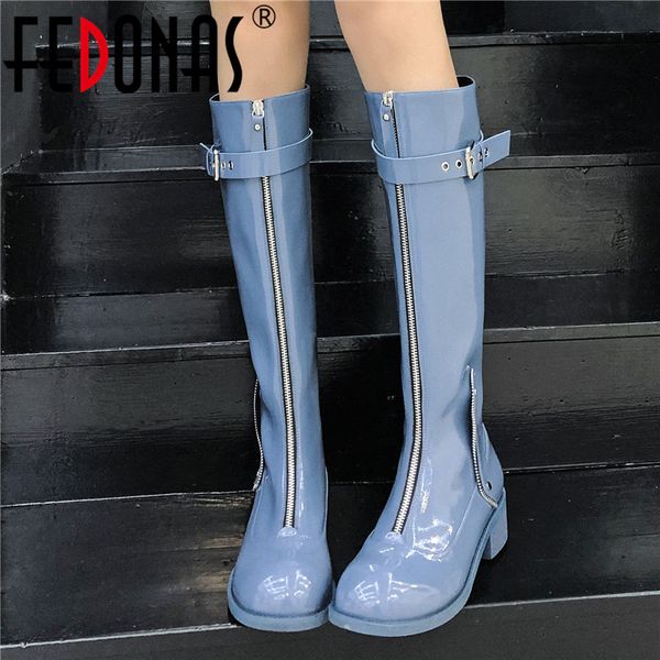

fedonas fashion knee high boots women party night club shoes woman autumn winter warm front zipper metal decoration high boots, Black