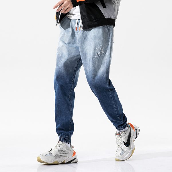 

men's jeans 2021 gradient men korean-style loose casual ankle banded pants jogger for hip hop harem plus size 5xl, Blue