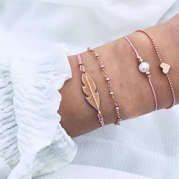 

miss jq 5pcs/set vintage bohemia style heart leaf pearl bracelets & bangles for women girls gold chain bracelet femme pulseras, Black