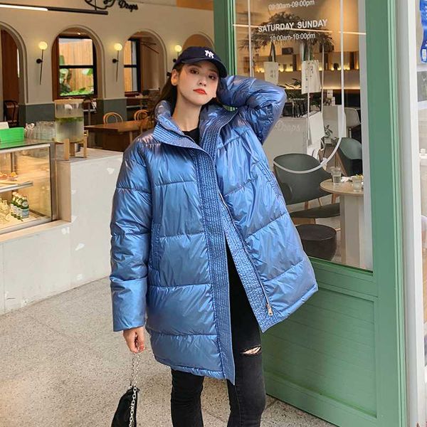 

fashion ladies glossy down parka oversize coat new medium long stand collar winter jacket women cotton padded jacket coat, Black