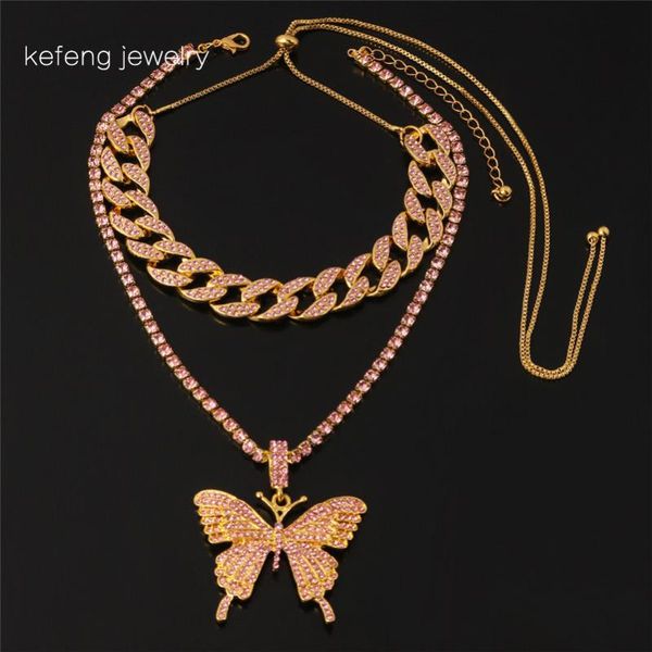 

chokers punk butterfly pendant 15mm rose gold cuban chain cubic charm pink iced out necklace men women hip hop jewelry gift, Golden;silver