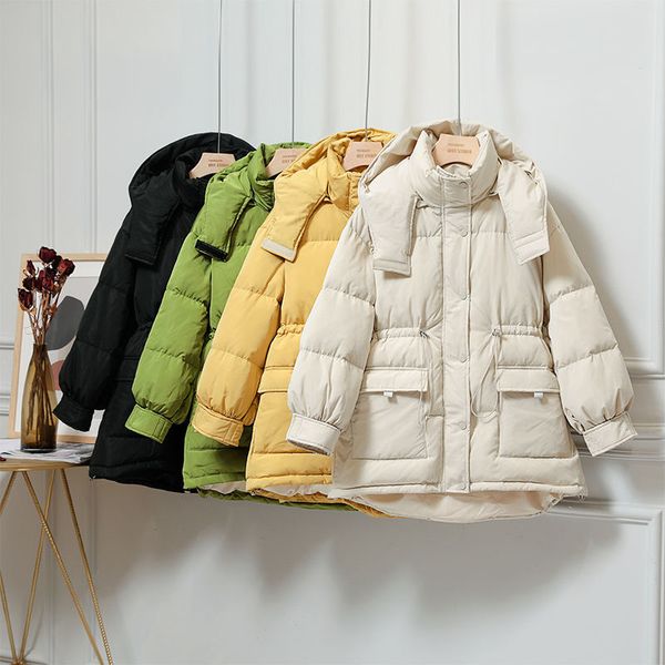 

women's down & parkas 2021 women winter thick warm casual hooded white duck coats lady elastic waist snow wearall-match mid-long s187, Black