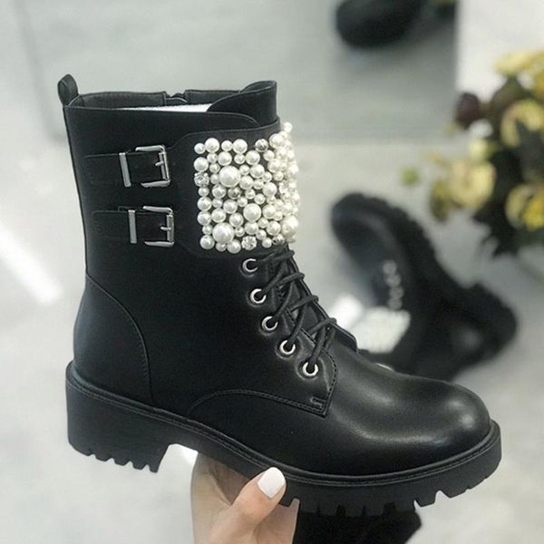

bonjomarisa female fashion pearl lace up round toe buckle ankle boots punk casual boots women autumn platform shoes woman, Black