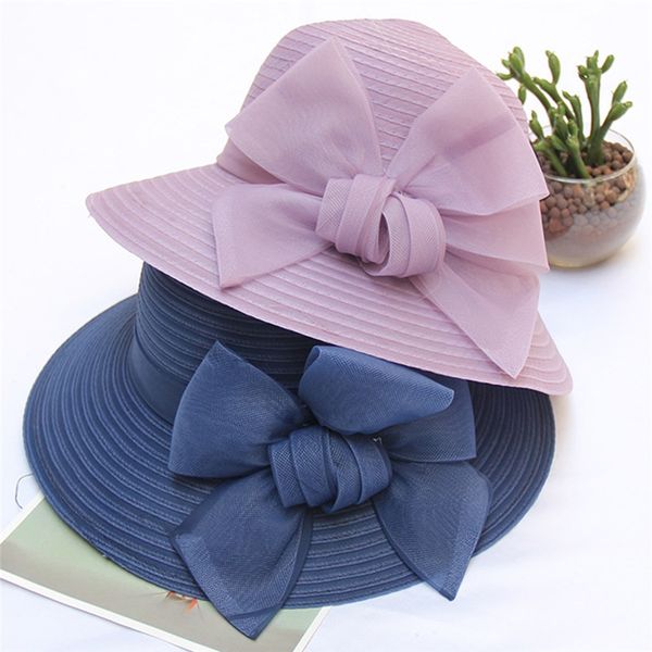

1pc temperament shade hat for women yarn big bowknot summer sun protect hat elegant fedoras wedding sea beach, Blue;gray