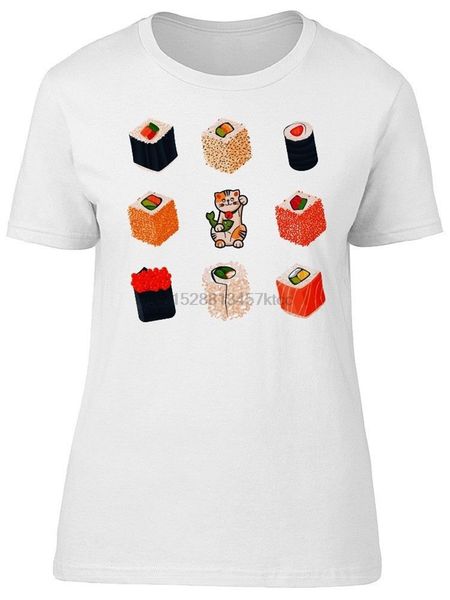 

sushi rolls and maneki neko cat womens tee -image by summer o neck tee shirt