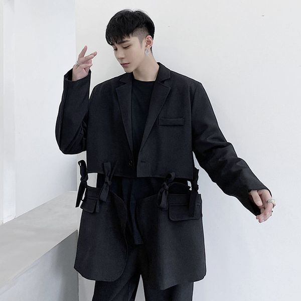 

men's suits & blazers male streetwear vintage fashion suit coat outerwear men removable hem loose casual jacket, White;black