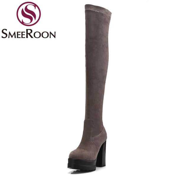 

boots smeeroon thigh high good quality round toe solid winter platform women's shoes thick heels over the knee, Black