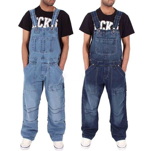 

men's jeans 2021 men one piece full length suspender pants casual loose wide leg slim pocket overalls denim jumpsuits ripped baggy, Blue