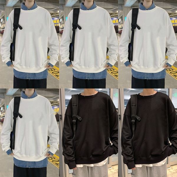 

2020 autumn new korean style trendy round neck sweater trendy young student men's solid pullover sweatersweatercolor thin pullover loos, Black
