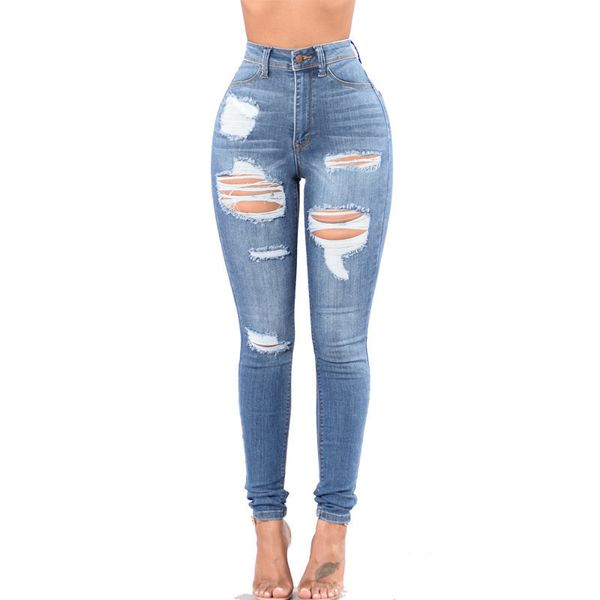 

women's jeans ladies casual trousers women high waist pants elastic hole denim 4 seasons pencil tear open, Blue