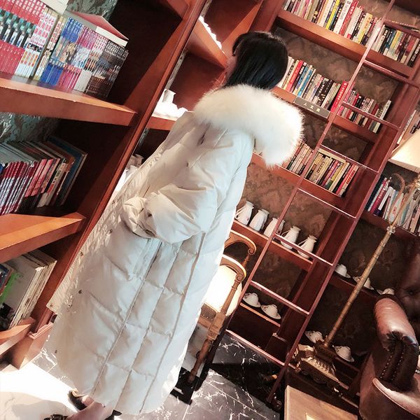 

white long down jacket whom the new 2020 han edition winter fashion really heavy hair collar over-the-knee winter coat, Black