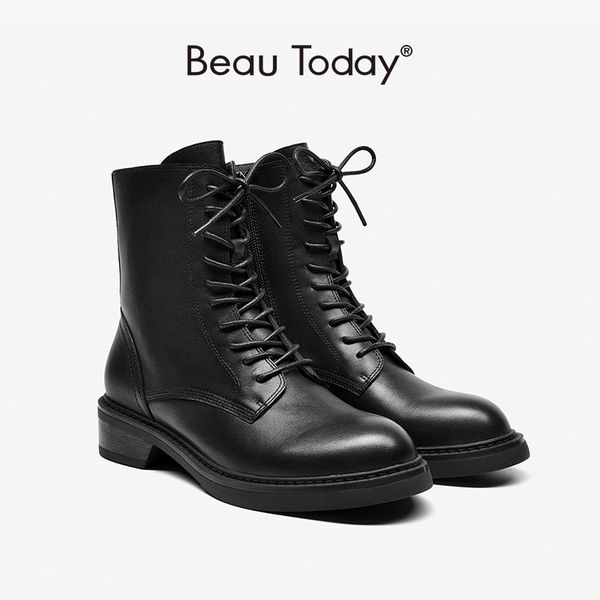 

beautoday ankle boots women cow leather cross-tied zip closure round toe autumn winter lady motorcycle shoes handmade 03131, Black