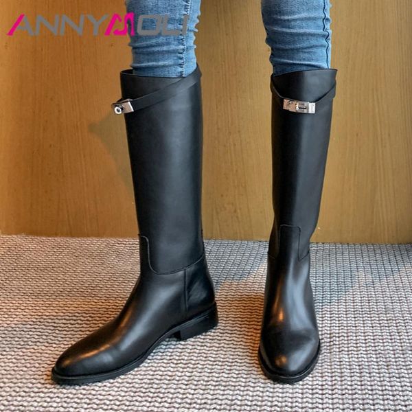 

annymoli buckle genuine leather mid heel knee-high boots women riding boots shoes slip-on long female autumn winter black
