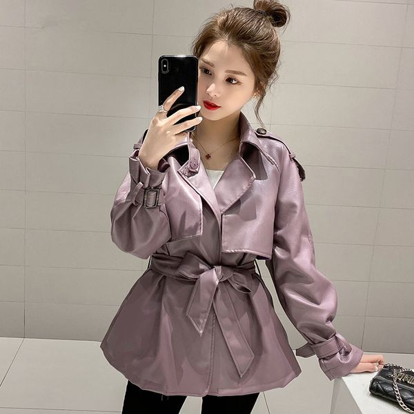 

women's leather & faux autumn women loose pu soft jacket turndown collar motorcycle black coat female streetwear outerwear with belt