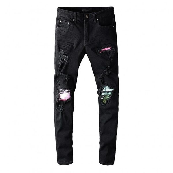 

new mens jeans distressed motorcycle biker jeans rock skinny slim ripped hole famous brand denim black pants designer jeans, Blue