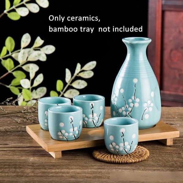 

japanese sake set 1 ceramic bottle flask 4 cups 1 bamboo serving tray asian wine gift handpainted sakura on blue pink green grey