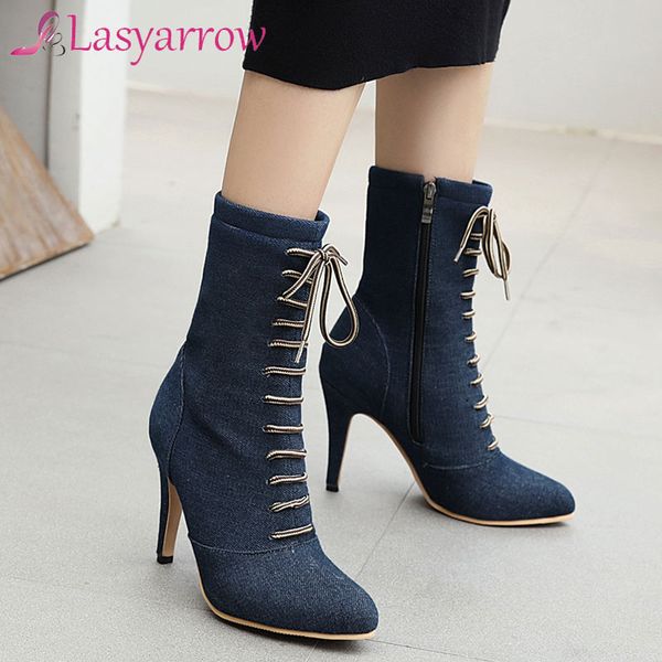 

lasyarrow boots denim women ankle basic high heels pointed toe women blue cross-tied autumn winter fashion boots shoes, Black