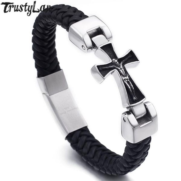 

braided genuine leather rope chain stainless steel father jesus wrap bracelet men mens cross bracelets wrist hand jewelry male, Golden;silver