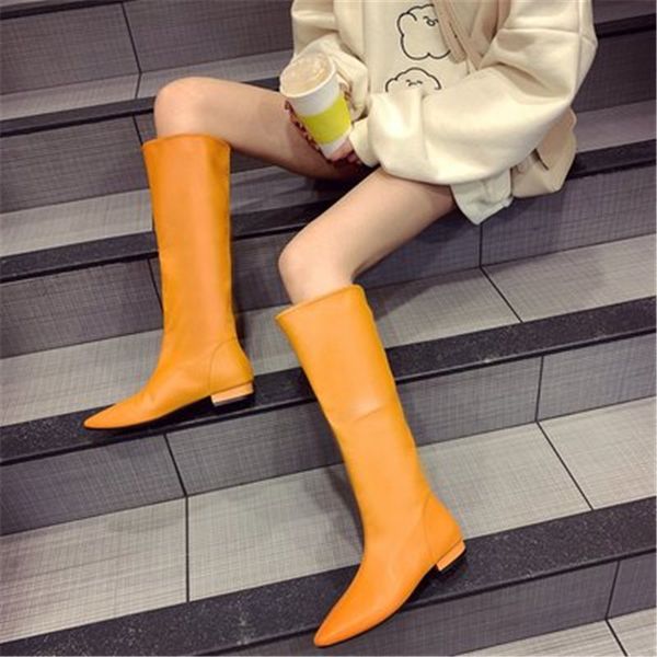 

boots colorful women square heel knee high motorcycle autumn winter female pointed toe leather long orange purple, Black