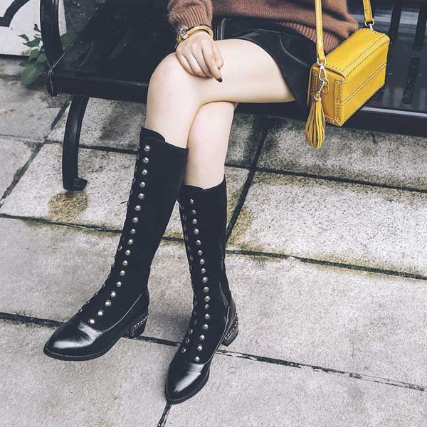 

british punk studded motorcycle boots leather zipper pointed toe women slim leg long high boots winter plush tube snow booties, Black