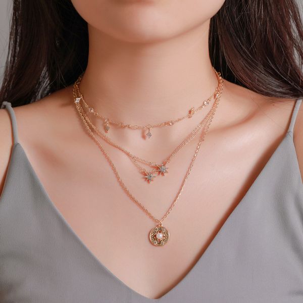 

chains fashionable multi-level star necklace creative six-mans pendant handmade beading design 2021 charm jewelry, Silver