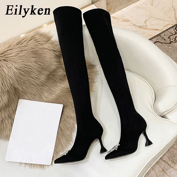

eiyken crystal stretch women thigh high boots elastic slim over the knee boots autumn winter high heels long shoes, Black