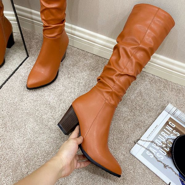

pleated women knee high boots thick high heels party shoes woman warm long winter tight boots woman size 41 42 43, Black