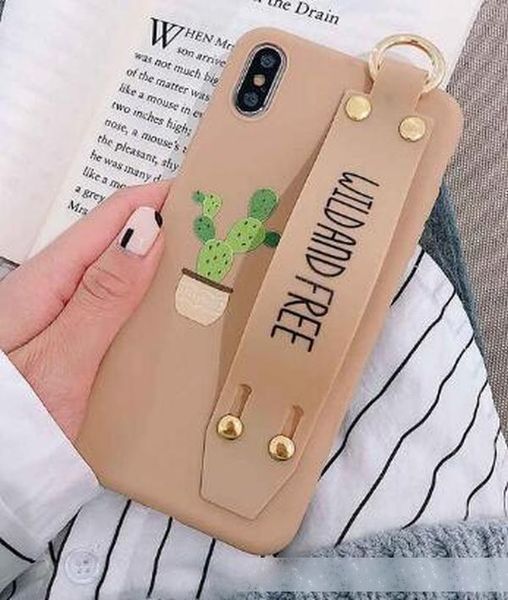 

stylish cute cactus letters phone case for iphone11 pro max xs max xr x 8 7 6 6s plus cases soft shell bracket wrist strap cover