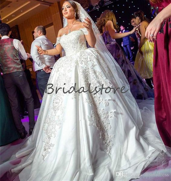 

long train ball gown satin wedding dresses elegant arabic lace country wedding dress 2020 off shoulder beaded dubai church bridal gowns, White