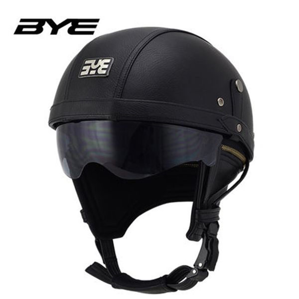

motorcycle motorbike rider half open face pu leather helmet with dual lens
