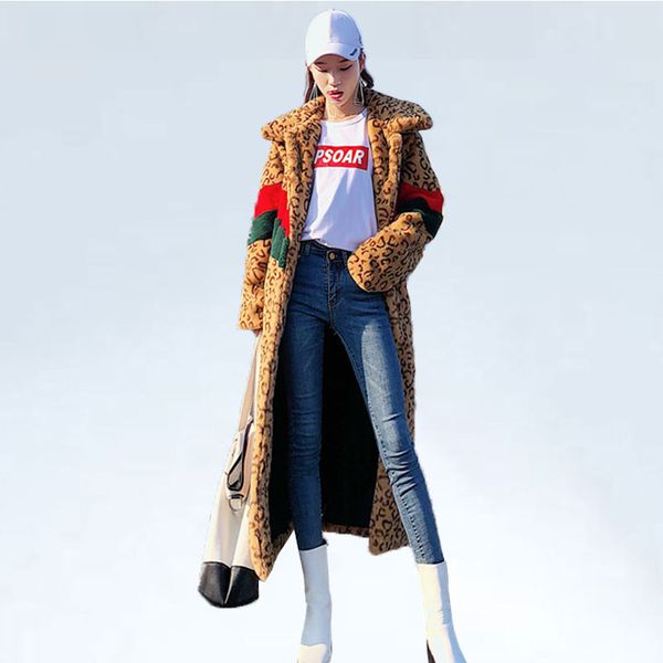 

women's fur & faux 2021 winter coat women leopard patchwork long coats female plus size loose jackets outerwear, Black