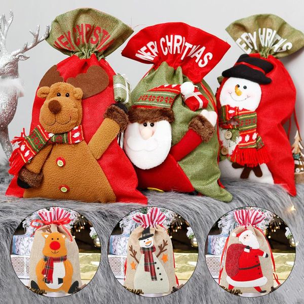 

1 pcs christmas cookie candy party gift bag santa claus snowman elk drawstring jute burlap gift bags christmas decoration