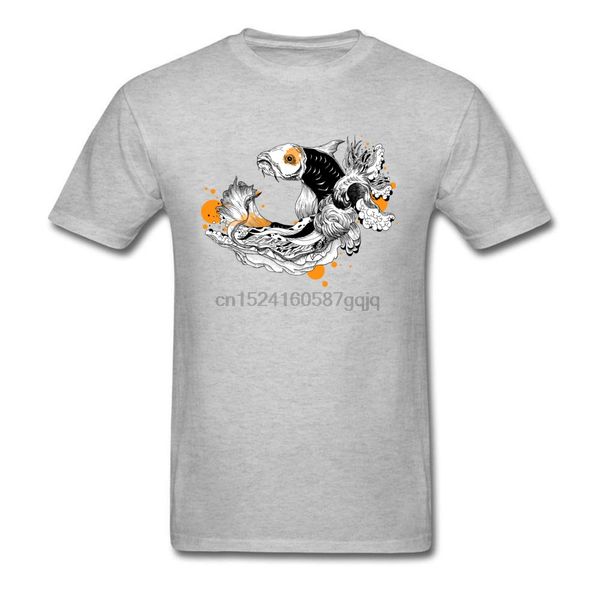 

graphic tees men t-shirts fish koi print t shirt chinese style casual tshirt mens cotton grey clothes short sleeve crewneck