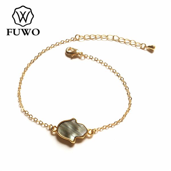

fuwo fashion seashell hamsa hand bracelet with gold filled chain pink/white/black/abalone shell bracelet jewelry wholesale br523