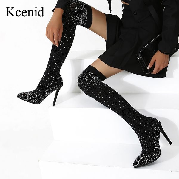 

kcenid 2021 winter new runway crystal elastic knitting sock boots pointed toe over the knee high heels woman boots shoes, Black