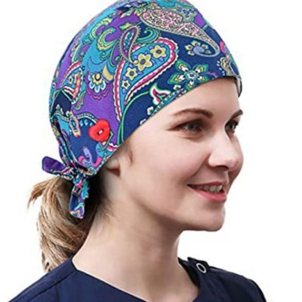 

women ethnic paisley buttons scrub cap wtih holder ties protect ears work bouffant hat, Blue;gray
