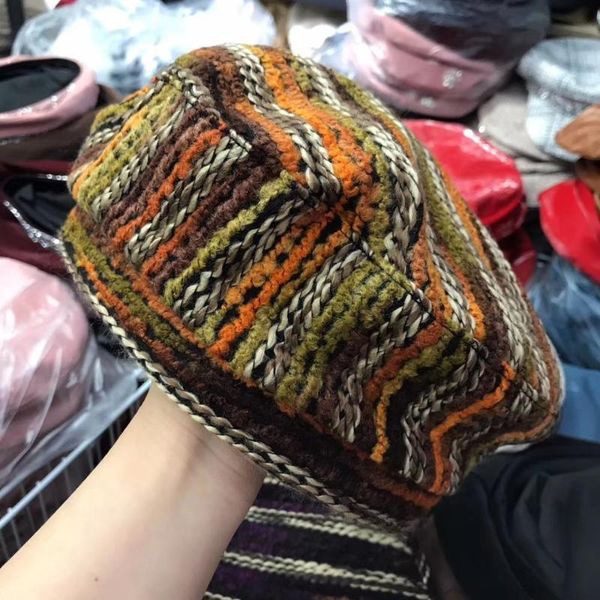 

202009-samepu autumn winter bohemian style knitting striped lady beret hat men women leisure painter hat, Blue;gray