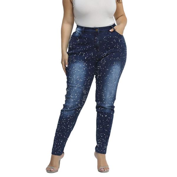 

l-6xl plus size jeans women high waist splashing ink denim blue trousers casual woman washed jeans lady skinny pencil pants d30