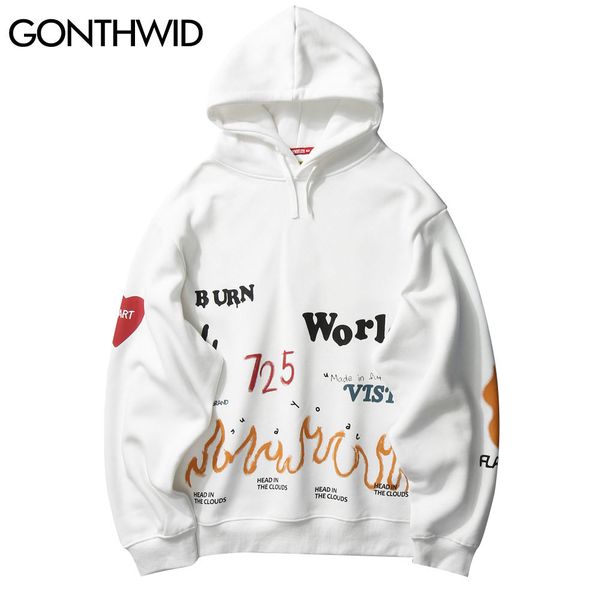 

gonthwid graffiti fire flame print hoodies streetwear hip hop pullover casual hoodie 2020 men harajuku fashion, Black