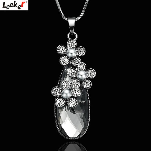 

leeker vintage peal flower big stone pendant long necklace snake chain women statement jewelry 109 lk4, Silver