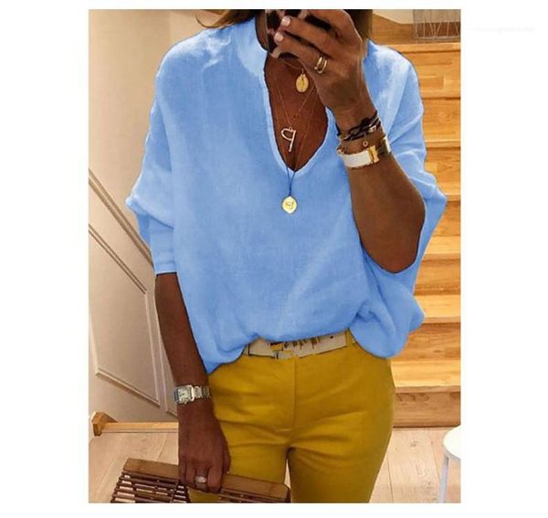 

womens blouses solid color long sleeve loose casual womens designer shirts ol style shirts v neck, White
