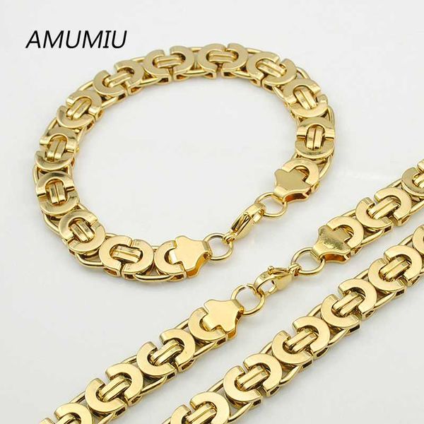 

amumiu mens gold color chain stainless steel necklace bracelet set flat byzantine fashion necklaces women punk party hztz050, Silver