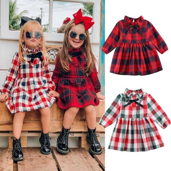 

kids dresses for girls long sleeve plaid print bowknot dress new year costume princess dress kids christmas clothes vestidos, Red;yellow