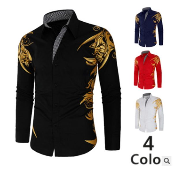 

men's casual shirts 2021 fashion bronzing printed long-sleeved, White;black