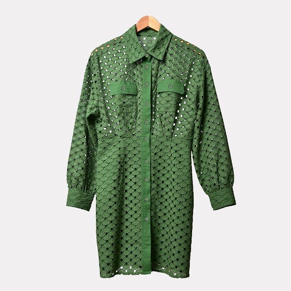 

2020 spring summer long sleeve lapel neck green polka dot hollow out cotton panelled buttons short mini dress women fashion dresses w1815069, Black;gray
