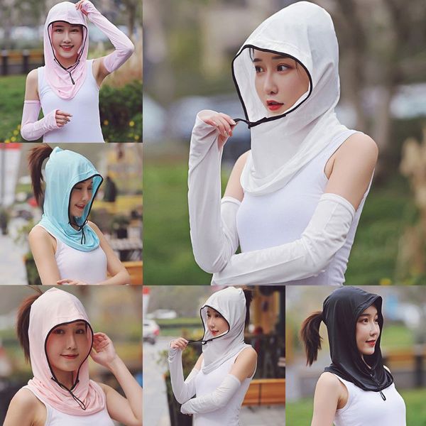 

women summer uv protection silk balaclava hooded collar detachable elastic cap sunscreen scarf dustproof beam hat, Blue;gray