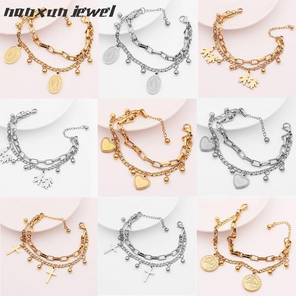 

charms christian bracelets virgin mary cross heart gold silver color stainless steel double layer chain women bracelet jewelry, Golden;silver