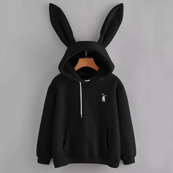 

womens rabbit ear girl long sleeve hoodies sweatshirt autumn winter cotton hooded coat lovely female bunny hoodies o, Black