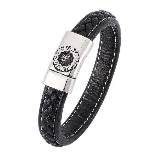 

male black leather braided bracelet men magnetic steel buckle man bracelets vintage birthday punk jewelry gift c0345, Golden;silver