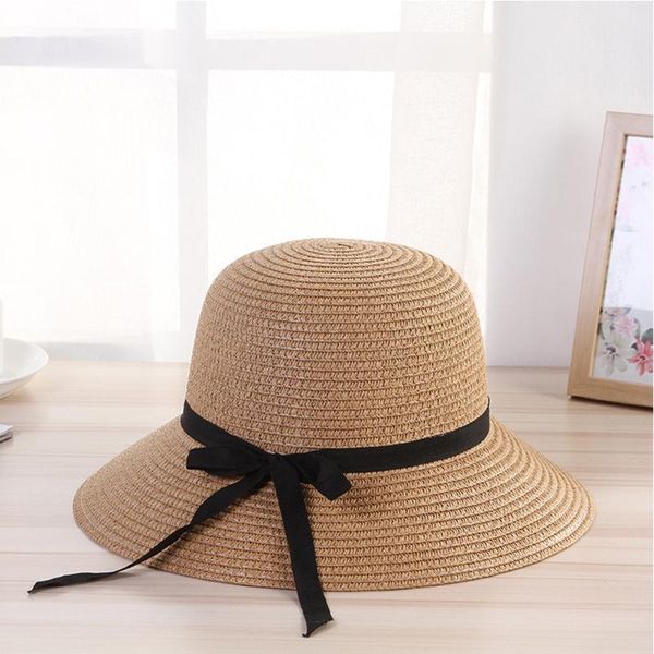 

women summer travel anti uv portable adjustable floppy bowknot design ladies sun hat beach wide brim foldable straw, Blue;gray
